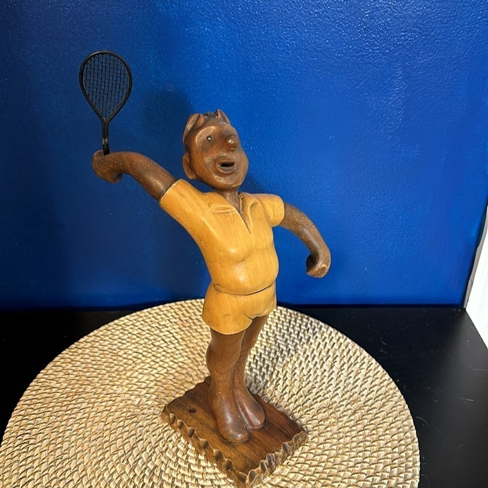 Vintage MCM Male Tennis Player by Romer Italy Carved Wooden Figurine 12”